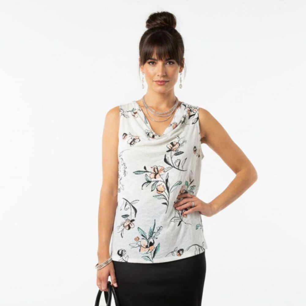 Rachel Zoe 100%‎ Linen White Floral Print Sleeveless Drape Neck Knit Top XL